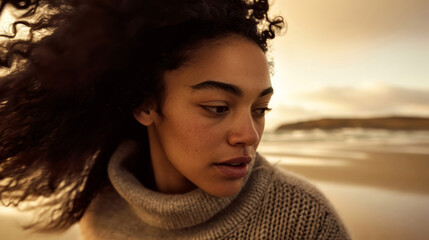 Moody dark portrait of young Gen-Z mixed race woman wearing knitted sweater standing by the sea in cold day