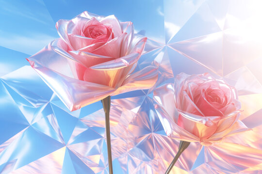 Floral composition with beautiful crystal roses. Two pink translucent flowers against the sky. Generated by AI.