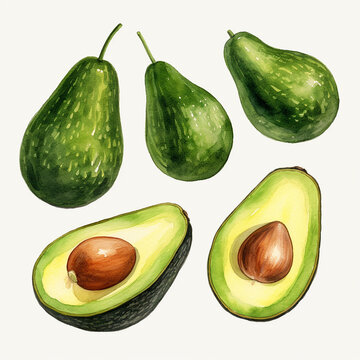 Avocado set. Hand drawn watercolor illustration isolated on white background