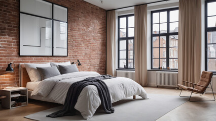 A large bedroom interior in the loft style featuring brick walls and big windows