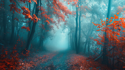 秋の青い霧の中の美しい神秘的な森GenerativeAI - obrazy, fototapety, plakaty