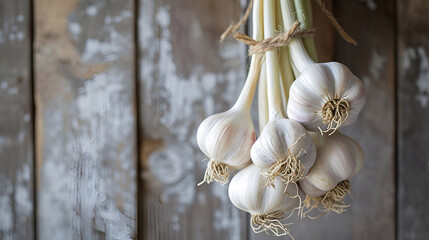 Fresh Garlic Bulbs Tied with Twine Against Rustic Wood, Aromatic Cooking Ingredient, Farm to Table Concept