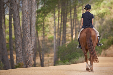 Equestrian, riding and horse on trail in nature on adventure and journey in countryside mockup....