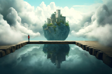 Surreal landscape with a flying piece of land and a house on it. A man in red clothes stands on a stone parapet and looks on a floating building. Generative AI. - obrazy, fototapety, plakaty