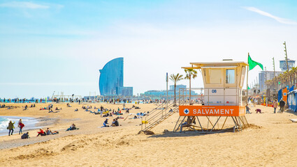Platja de la Barceloneta (Barceloneta beach) in Barcelona city - 708584237