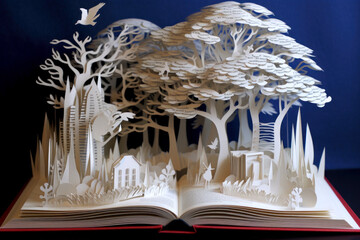Open book with voluminous fairy-tale pattern inside on wooden table - obrazy, fototapety, plakaty