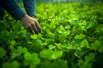 a farm hand reaches out to green plants 
