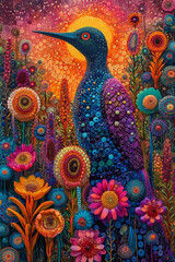 bright colorful  painting, abstract bird flowers, canvas, print, decorative designs