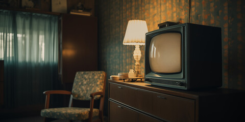 An old Analog television TV in a retro vintage living room with lamp and old decor
