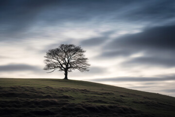Fototapeta na wymiar A lonely standing tree without foliage on a slope with brown grass and a gray rainy sky