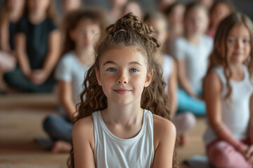 niña rubia con ropa de deporte en clase de yoga posando, sobre fondo desenfocado de grupo de niños compañeros de clase en la posición de loto  - obrazy, fototapety, plakaty