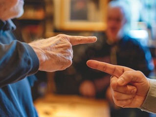 Hands of senior people talking or signing in sign language, hand index finger pointing at someone, showing or threatening, arguing, denouncing, accusing or blaming each other, who is the culprit