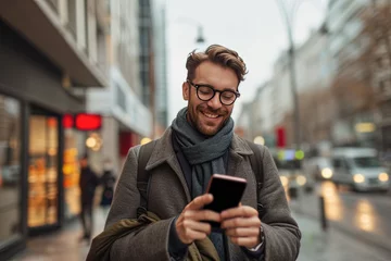  hombre maduro mirando y sosteniendo un teléfono móvil entre sus manos, vistiendo abrigo y bufanda, sobre fondo desenfocado de una ciudad al atardecer © Helena GARCIA