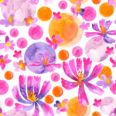 Seamless pattern of watercolor colorful bright flowers, circles. Hand drawn illustration. Hand painted elements on white background. For prints, wrapping paper, fabric design, packaging, wallpaper.