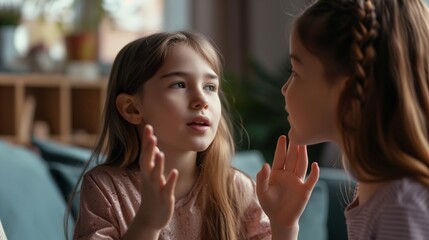 Girls talking with hands, holding a conversation in sign language, speech impaired kid signing for deaf family members, communicating with fingers gestures, hand signs and face expression, silent talk - obrazy, fototapety, plakaty