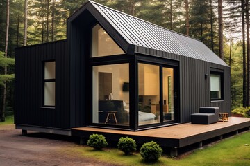 Fototapeta premium Black modern cabin in the woods