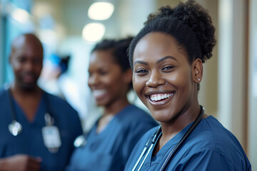 smiling healthcare workers receiving performance bonuses - obrazy, fototapety, plakaty