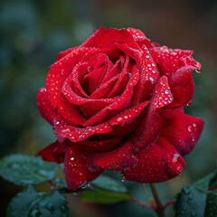 large red rose in full bloom, with crystal-clear water droplets adorning its lush petals , Beautiful red rose with water drops on dark background, closeup