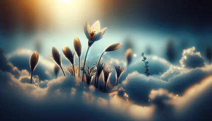 image capturing the essence of early spring, focusing on a few flowers emerging through a layer of snow. - obrazy, fototapety, plakaty