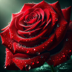 large red rose in full bloom, with crystal-clear water droplets adorning its lush petals , Beautiful red rose with water drops on dark background, closeup