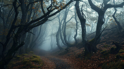  霧の中で神秘的な暗い古い森GenerativeAI - obrazy, fototapety, plakaty