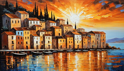 Sunset Reflections on Mediterranean Town