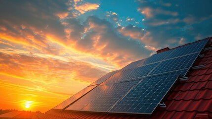 solar panels, photovoltaics on the red roof of a house and a beautiful sky with the setting sun. Alternative electricity source.