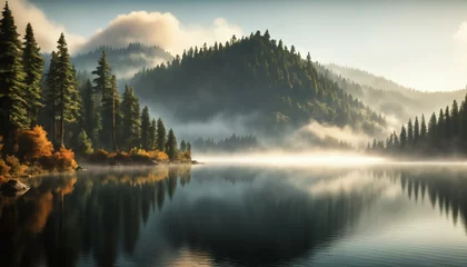 Peel and stick wall murals Forest in fog Serene Autumn Sunrise Over Misty Lake