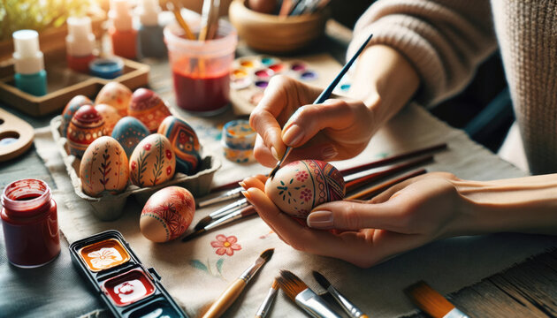 Close-up of a woman painting Easter eggs by hand