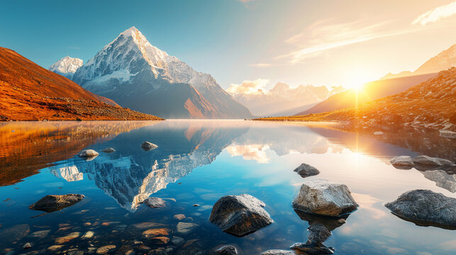 明るい山の頂上、山の湖の石、日の出の反射、青い空、黄色い日差しのある美しい風景GenerativeAI