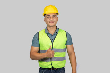 A Handsome Asian India Nepal Male Construction Engineer  Giving Gestures of Pointing and Expressions