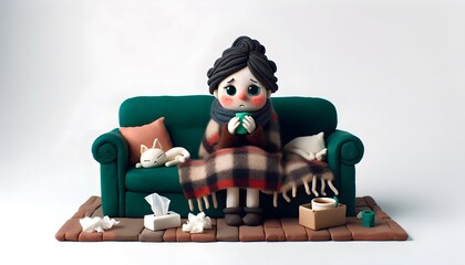 Personnage en pâte à modeler : femme malade sur son canapé - obrazy, fototapety, plakaty