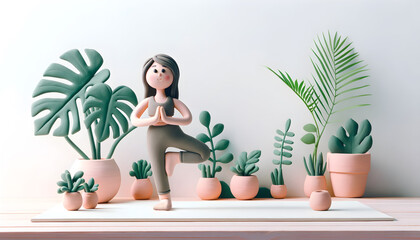 Personnage en pâte à modeler : Femme faisant du yoga dans son salon - obrazy, fototapety, plakaty