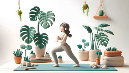 Personnage en pâte à modeler : Femme faisant du yoga dans son salon - obrazy, fototapety, plakaty