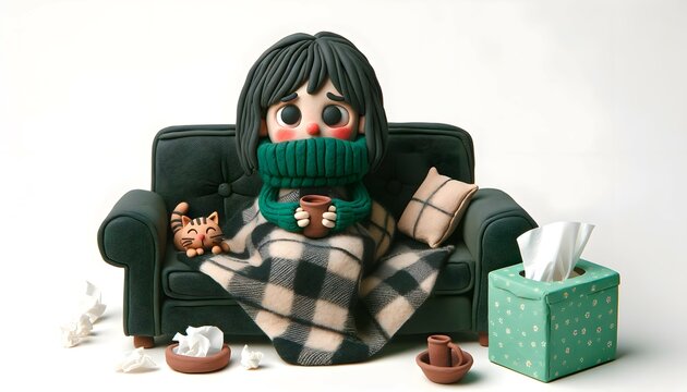 Personnage en p&acirc;te &agrave; modeler : femme malade sur son canap&eacute;