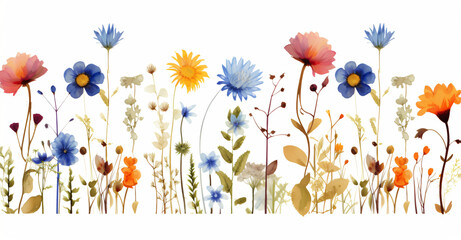 A row of flowers on white background, in the style of dense composition, elaborate, beautiful, bright