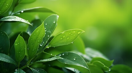 Fresh green leaves against blurred greenery natural background. Young plant with raindrops for...