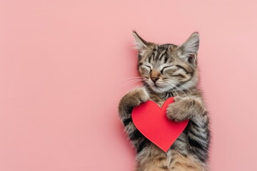 Cute tabby kitten hugging a paper red heart. Cat lying on a back on pink background in top view....