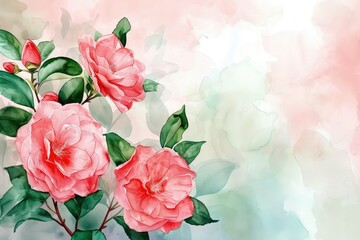 Camellia Japanese Flowers with Expressions of Leaves and Branches, copy space.