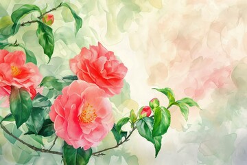Camellias: These beautiful flowers symbolize admiration, perfection, and good luck, valentine theme, watercolor, copy space.