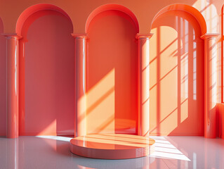 3d illustration of empty podium backdrop for product display with arches and orange interior scene.
