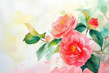 Watercolor of Camellia flowers included green leave with copy space.