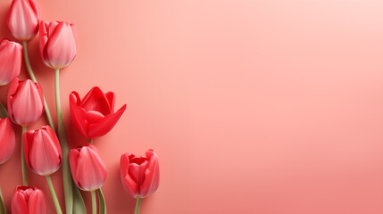  Red tulips, hearts on a pastel red background. Valentine's Day concept. Flat lay, top view, space for text 