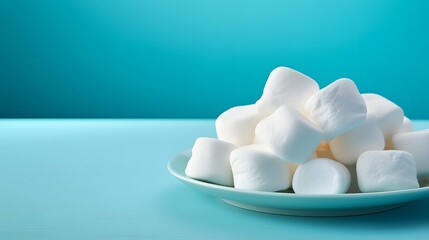 Fototapeta na wymiar Sweet marshmallow or zephyr in white plate on turquoise background, diet dessert, selective focus