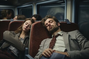 Peaceful moment as couple finds comfort in sleep during a late-night commute