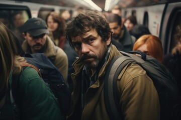 Obraz premium Commuters in a packed subway car, lost in thought, capturing the essence of city life.