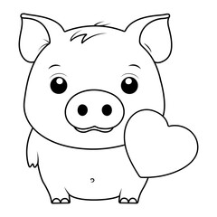 Kawaii pig with heart coloring page. Outline vector illustration.