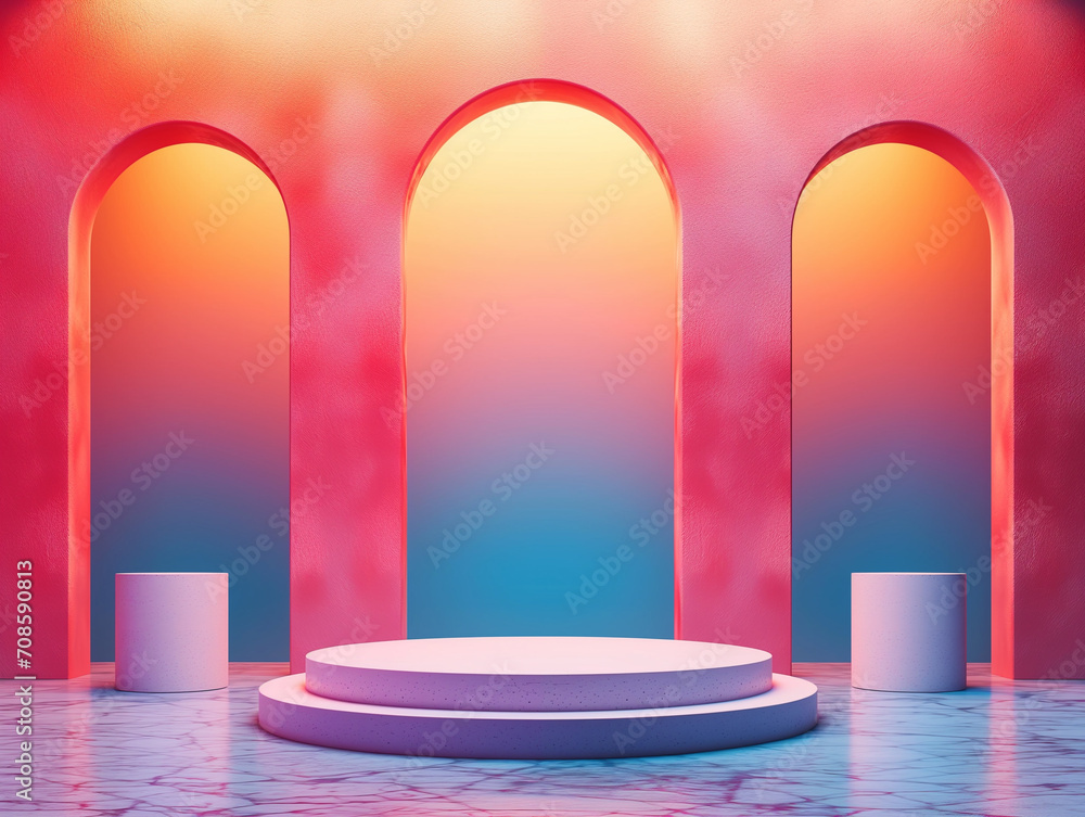 Poster 3d illustration of empty podium backdrop for product display with colorful arches background.