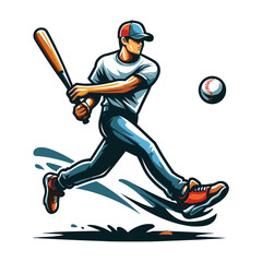 Fototapeta premium Baseball softball player in action vector illustration, hitter swinging with bat design template isolated on white background