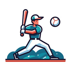 Baseball softball player in action vector illustration, hitter swinging with bat design template isolated on white background